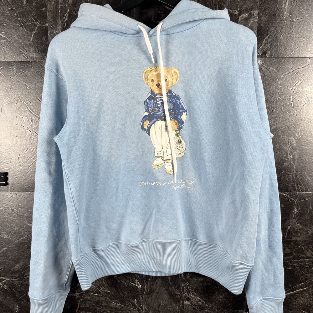 Polo Ralph Lauren Women's Blue Polo Bear Fleece Hoodie Small -Flaws